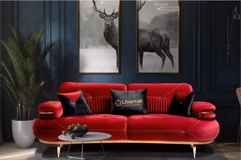 Designer Roter 3-Sitzer Polster Couch Wohnzimmer Möbel Edelstahlfüße