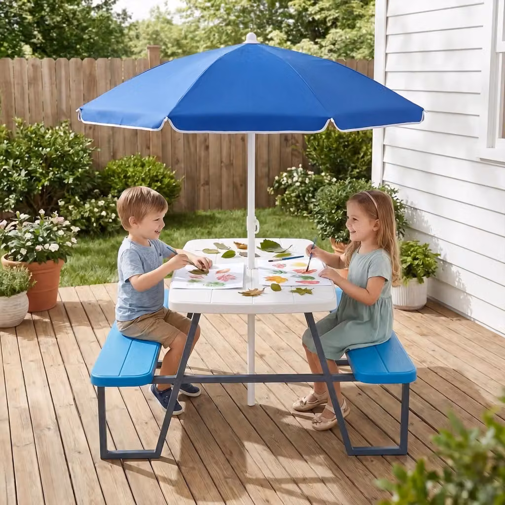 Set tavolo e panche da picnic per bambini con ombrellone regolabile in altezza, struttura in acciaio e plastica, colore blu – 2
