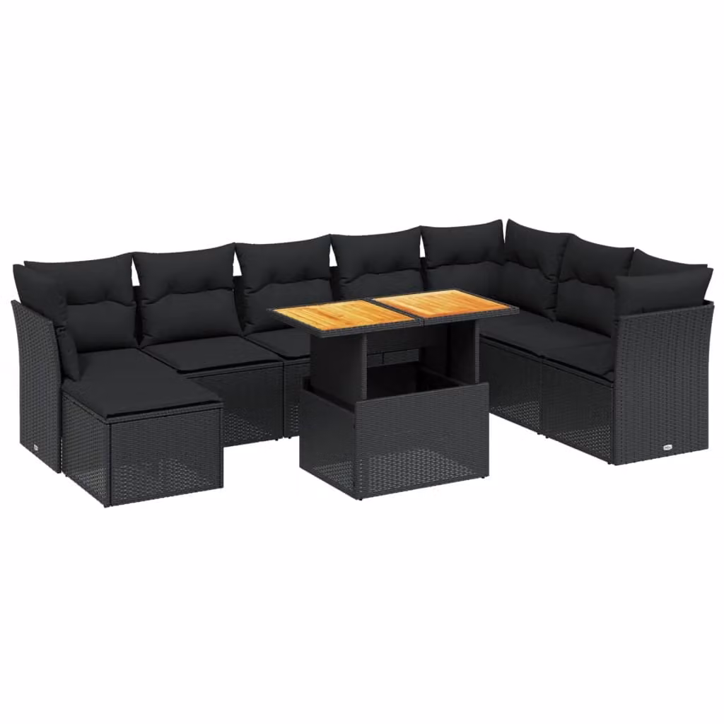 Set Divani da Giardino 9 pz con Cuscini Nero in Polyrattan
