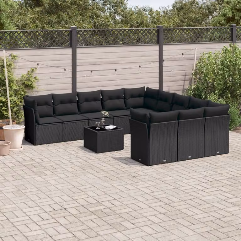 vidaXL Set Divani da Giardino 12 pz in Polyrattan Nero con Cuscini e Tavolino da Esterno