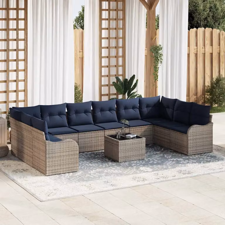 vidaXL Set di divani da giardino a forma di U in rattan con 11 pezzi, colore grigio e blu con cuscini inclusi
