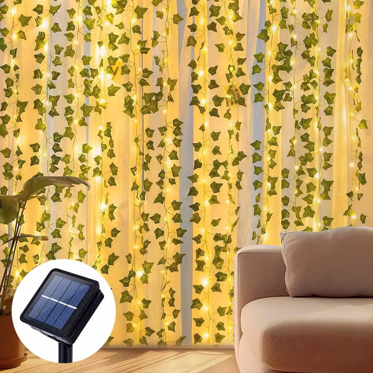 Catena luminosa solare, 12 metri, 100 LED, 8 modalità, edera artificiale, impermeabile