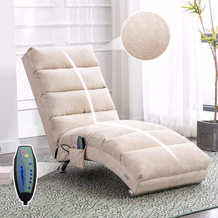 Poltrona reclinabile, poltrona imbottita, divano letto con funzione vibrante, sostegno per tutto il corpo, tasche laterali, design moderno, soggiorno, beige