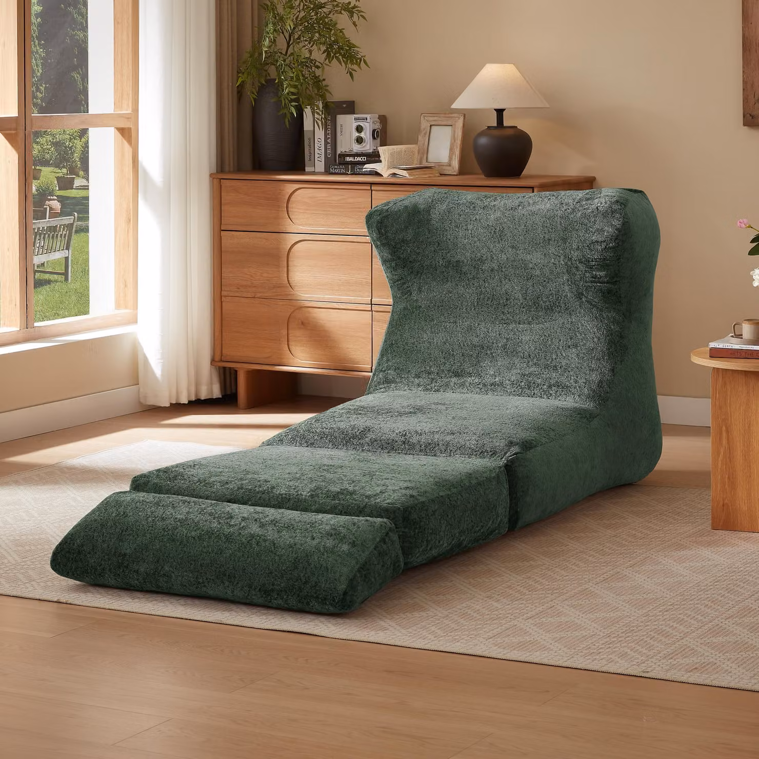 MODFU Sdraio e poltrona lounge dal design unico, poltrona relax con superficie testurizzata, ciniglia, per divano letto e poltrona singola, verde
