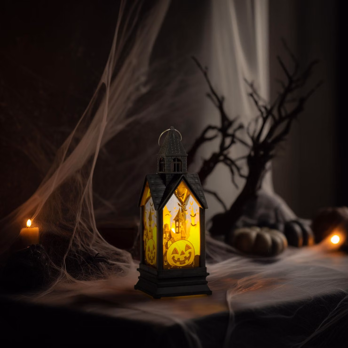 Decorazione luminosa per Halloween - zucca - LED gialla - 17,5 x 6,3 x 6,3 cm - 3 batterie LR44