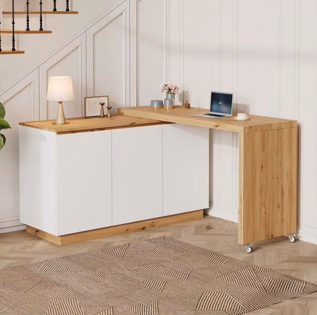 Scrivania multifunzione con piano girevole spesso 4 cm, ruote bloccabili, finitura bianco/eiche, 124x45x82 cm