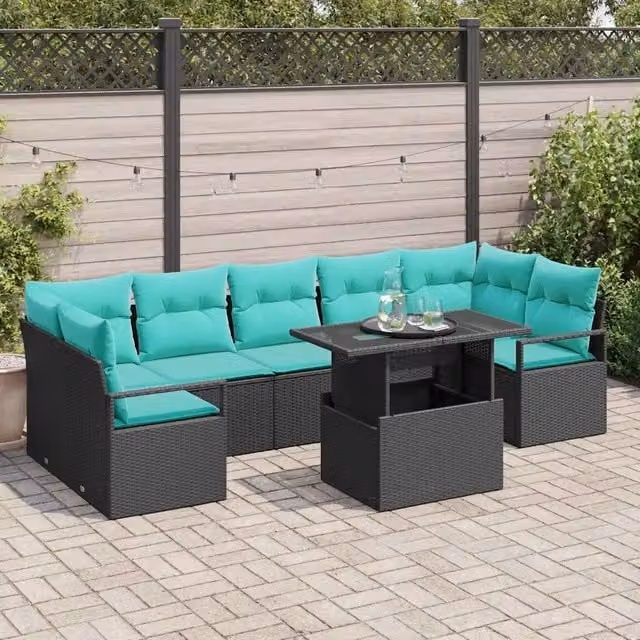 Set Divano da Giardino 8 pz 7-Numero di posti Nero e Blu 3348782