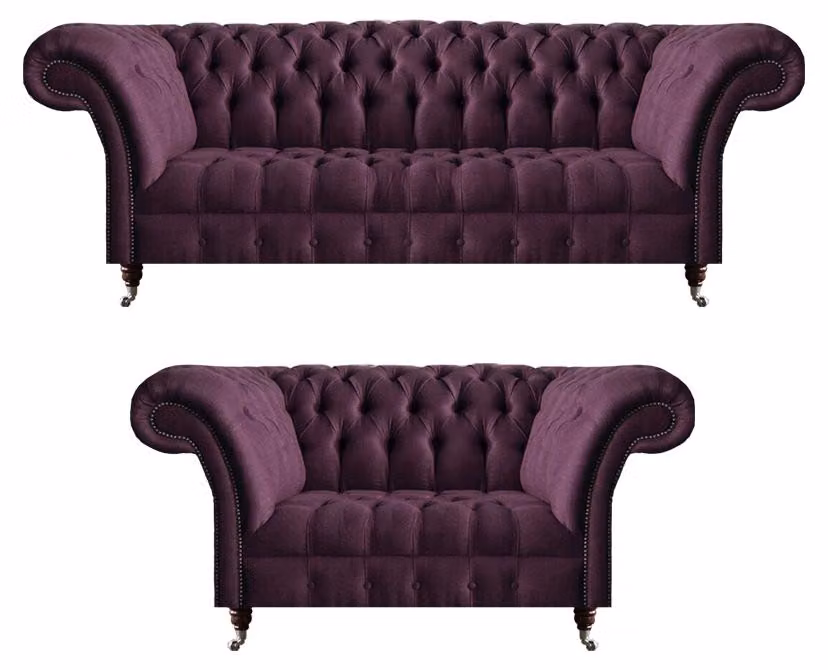 Lila Chesterfield Garnitur Textilsofas Wohnzimmer Dreisitzer 2-Sitzer