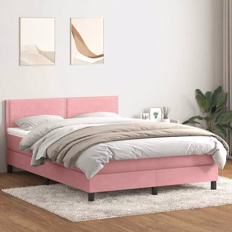 vidaXL Giroletto a Molle con Materasso Ibrido in Velluto Rosa e Bianco, L/P/H: 160 x 88 x 213 cm