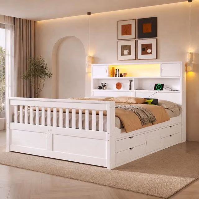 Letto piattaforma 160x200 cm con 4 cassetti; testiera con LED e vani portaoggetti; bianco