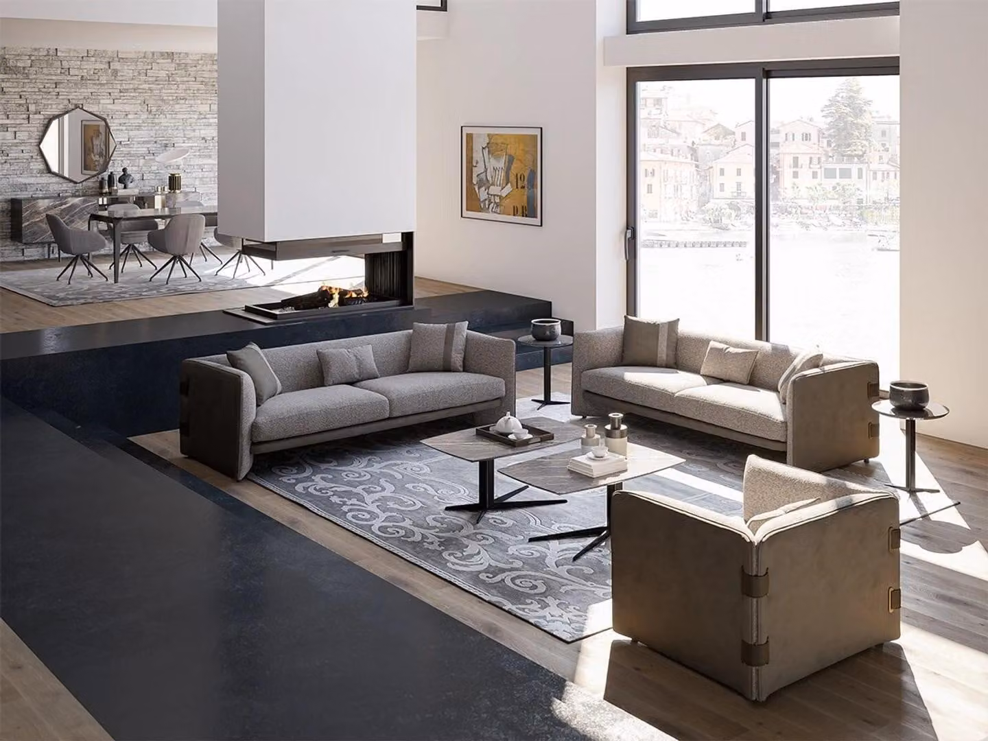 Grau Wohnzimmer Set 7tlg Modern 2x Sofas Dreisitzer Polstermöbel Sessel