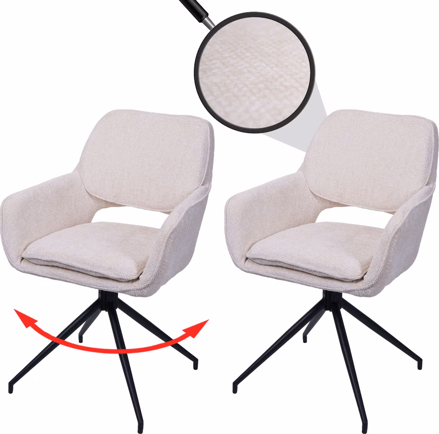 Set di 2 sedie da pranzo HWC-N74, sedie per la cucina, girevoli con sistema di ritorno automatico, rivestite in tessuto chenille (490g/m²), colore crema