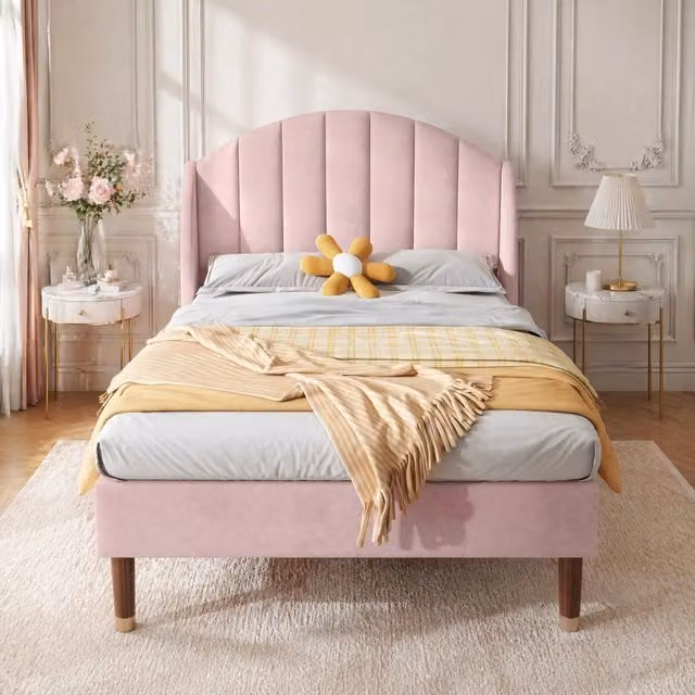 Letto singolo imbottito 90 × 200 cm con rete a doghe e testiera in velluto rosa con piedi da 20 cm