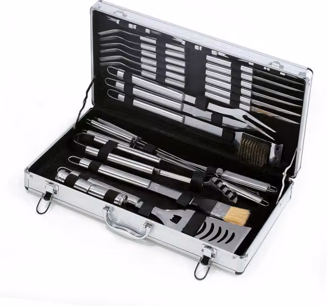 Set Valigetta Accessori per Barbecue Ompagrill in Acciaio Inox e Alluminio, 32 Pezzi, Argento – 1