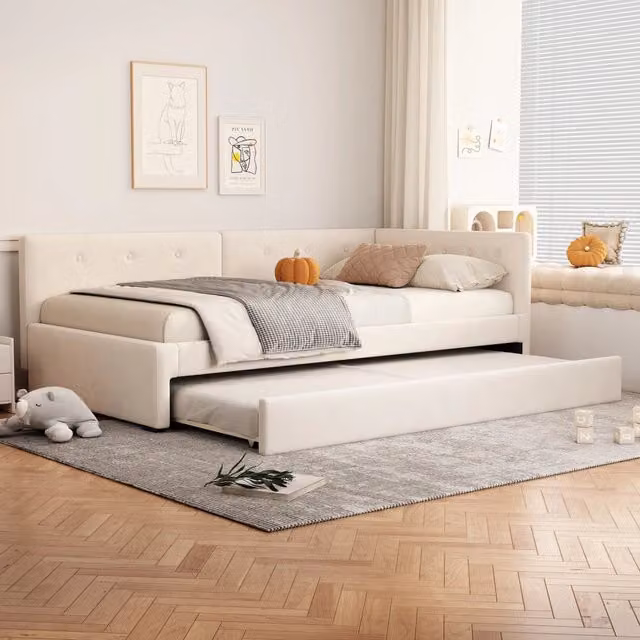 Letto da giorno 90 x 200 cm con letto estraibile, divano letto, letto singolo senza materasso, stile minimalista - Beige