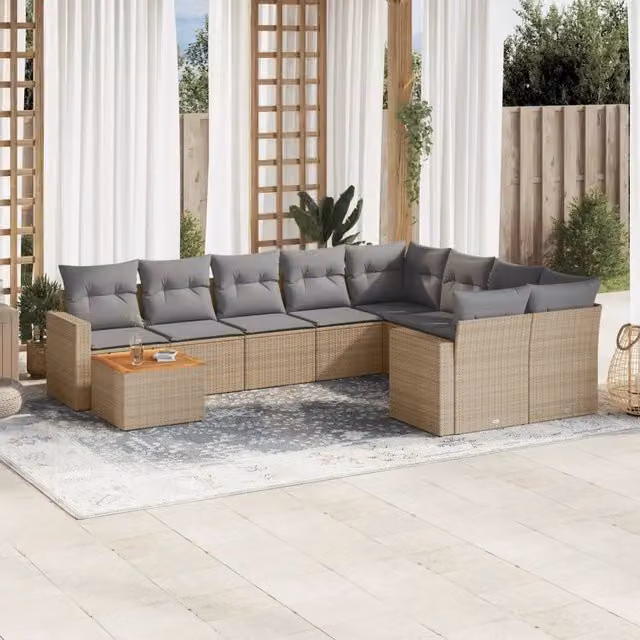 Set Divano da Giardino a L vidaXL in Polyrattan con Cuscini Beige e Grigio e Tavolino da Esterno