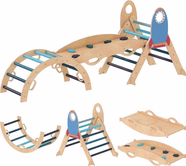 AIYAPLAY Triangolo da Arrampicata 7 in 1 in Legno a Tema Razzi con Arco e Rampa per Bambini 18-48 Mesi Blu