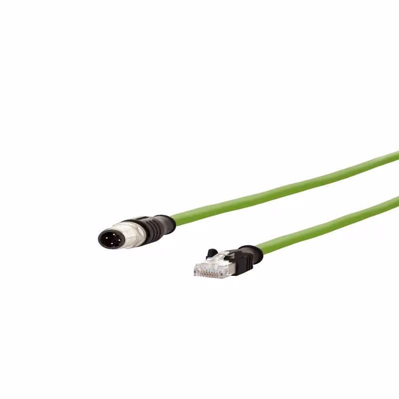 Cavo di collegamento Metz Connect M12, codifica D, 3,0 m, AWG 26/19, Cat. 5, connettore M12 diritto - connettore RJ45 diritto, resistente alle catene portacavi, resistente alla torsione, a 4 poli, PUR, verde 142M4D15030