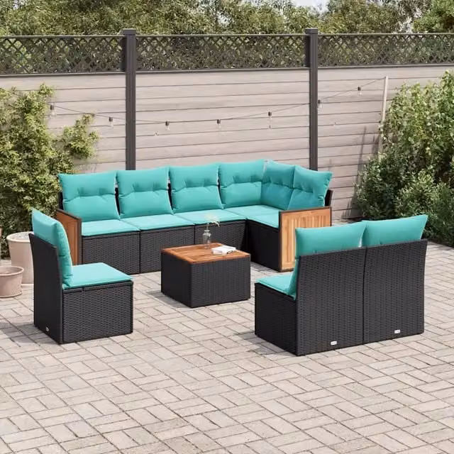 Set di Divani da Giardino a L con Polyrattan e Tavolino vidaXL, 9 Pezzi, Nero e Blu con Cuscini Inclusi