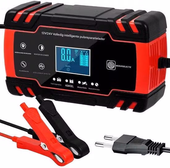 Caricabatterie da auto 12 V/24 V - Caricabatterie compatto con display LCD e diverse funzioni di sicurezza - Adatto per auto, moto, camion e tosaerba
