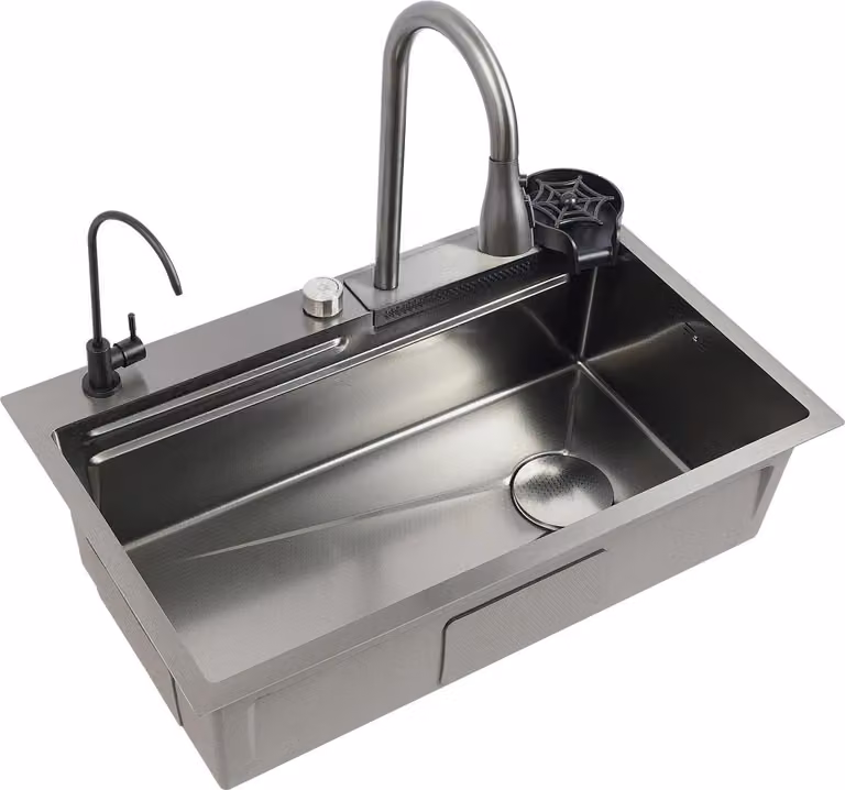 Lavello da cucina - Lavello a vasca singola in acciaio inox - Da appoggio/a filo piano - Rubinetto estraibile 30 cm - 75×45×21 cm Rettangolare - 2 fori - Grigio chiaro