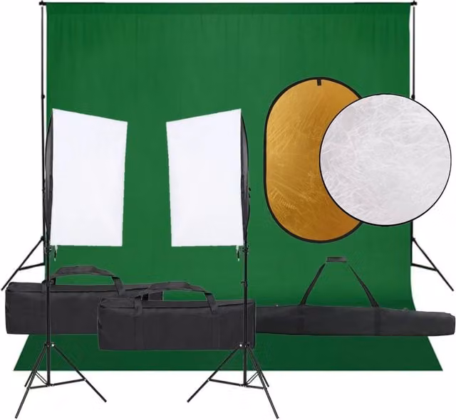 Kit per studio fotografico professionale con illuminazione LED, fondale in tessuto bianco e riflettore nero
