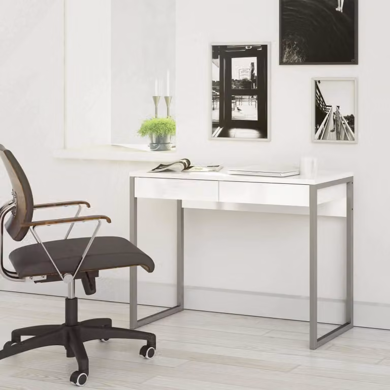 Dmora Scrivania Anavi 40x101x76.5h cm Bianco Lucido, 2 Cassetti Materiale Piano in Legno Nobilitato