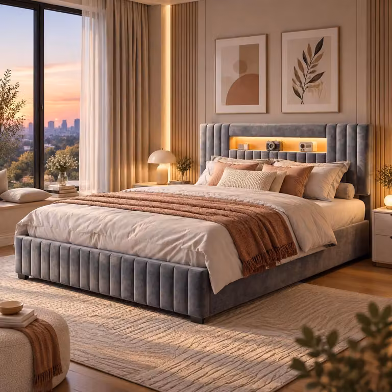 Letto imbottito INONEFT, 160x200 cm, con LED, con sistema di sollevamento idraulico per lo spazio contenitivo, letto matrimoniale per ragazzi con spazio contenitivo nella testiera, struttura del letto con rete a doghe, rivestito in velluto grigio