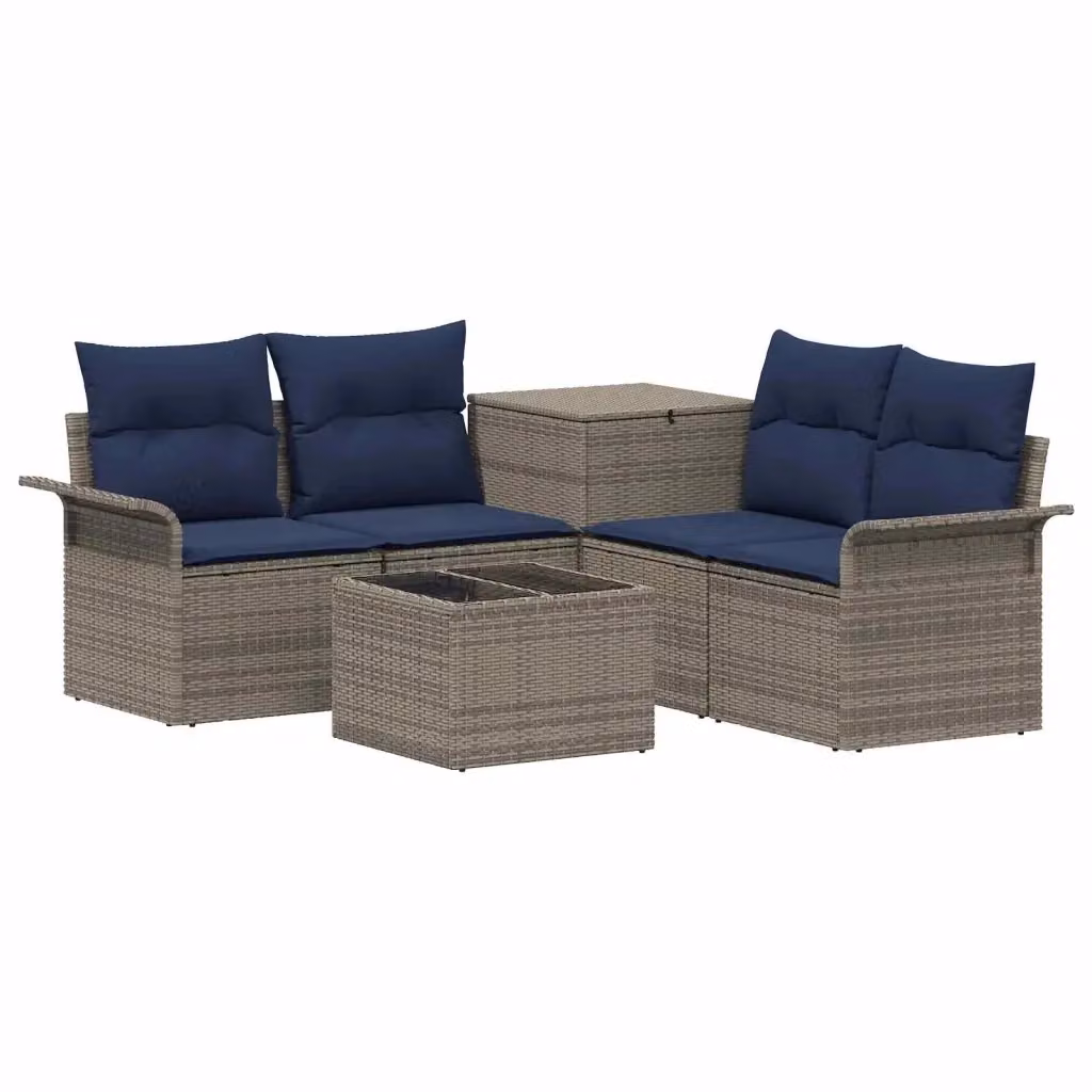 Set di mobili da giardino vidaXL composto da 6 pezzi con divani, elemento angolare, tavolino e pouf in tessuto grigio e blu navy con struttura in acciaio verniciato a polvere – 2