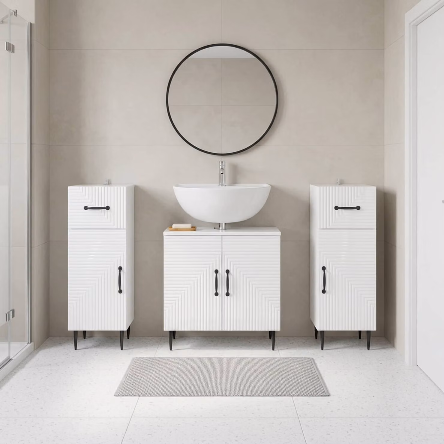 Set di mobili da bagno vidaXL HAARLEM in 3 pezzi, bianco lucido, con mobile lavabo e armadietti laterali