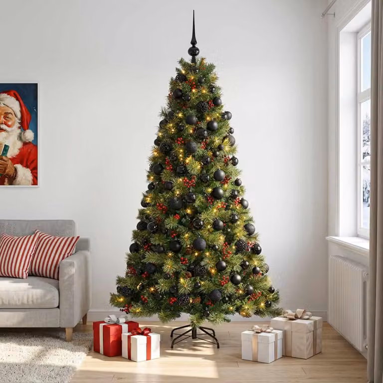 Albero di Natale artificiale con decorazioni a forma di sfera natalizia, altezza 210 cm, 300 luci LED