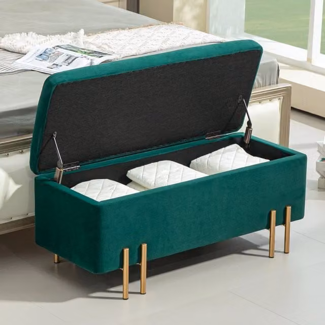 Panca contenitore imbottita WISHDOR in tessuto verde con struttura in legno e metallo, L 100 x P 40 x H 42 cm