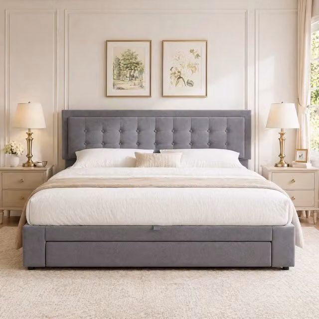 Letto matrimoniale con contenitore 160x200 cm in velluto; testiera regolabile; grigio