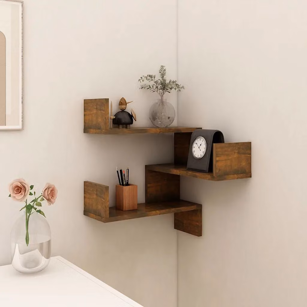 Scaffali angolari da parete vidaXL in legno Rovere Fumo, design moderno per soggiorno o camera da letto