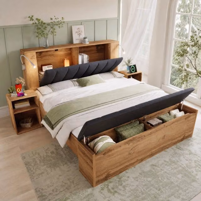 Letto matrimoniale 180x200 cm in MDF e metallo con contenitore, lampade USB e panca color rovere