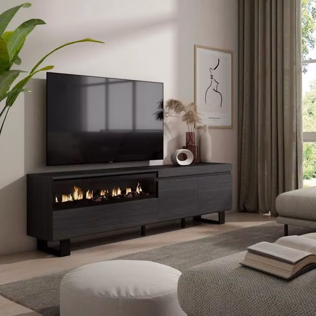 Mobile TV, 200x35x57cm, soggiorno, Per TV fino a 80", Camino elettrico, Design industriale, Nero RF2182