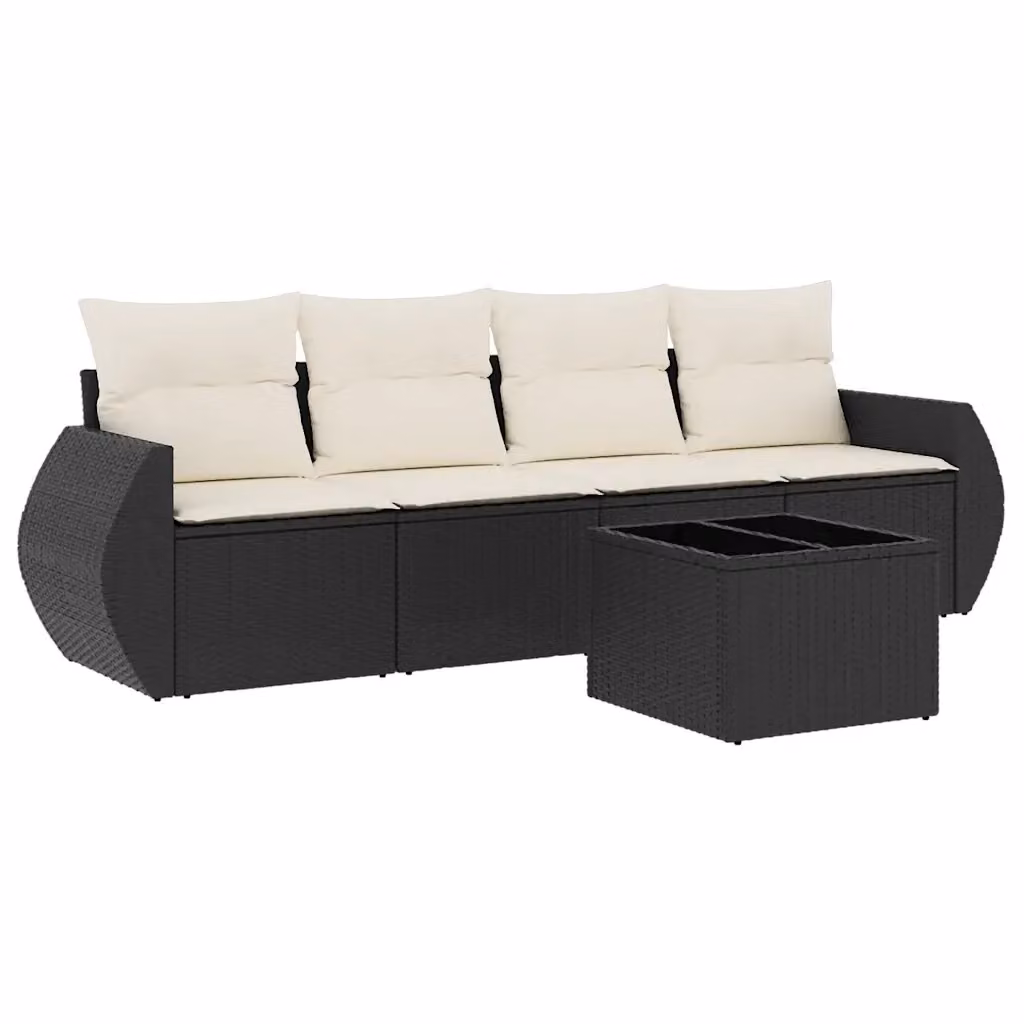 vidaXL Set Divani da Giardino a L 5 pz in Polyrattan Nero con Cuscini e Tavolino da Caffè – 2