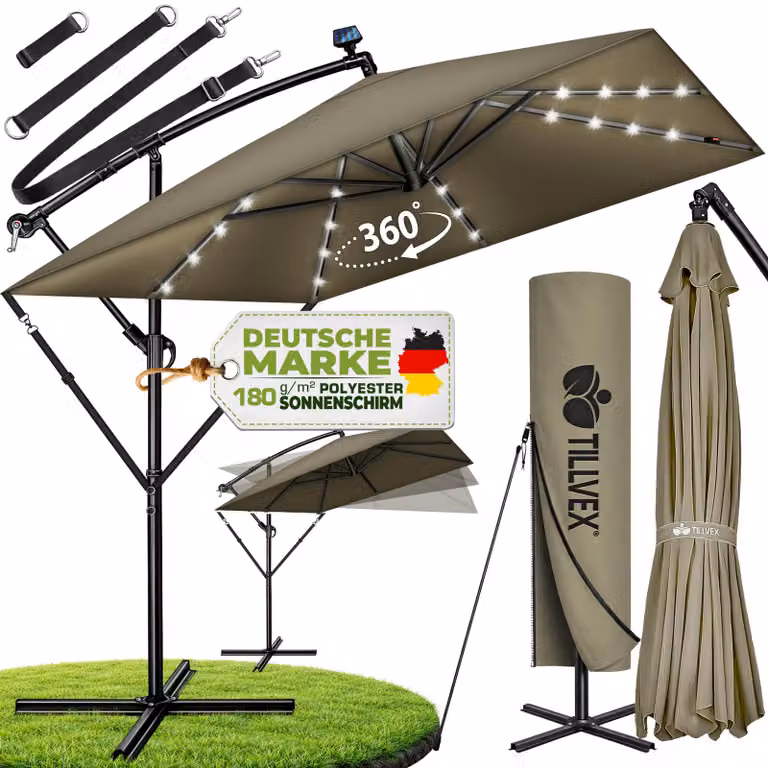 tillvex® Parasole rettangolare in alluminio, diametro 330 cm, con LED solari, colore marrone, + copertina con manovella | Parasole a gondola con supporto | Parasole da giardino, protezione UV, impermeabile, rotazione a 360°, con manovella | Parasole da me