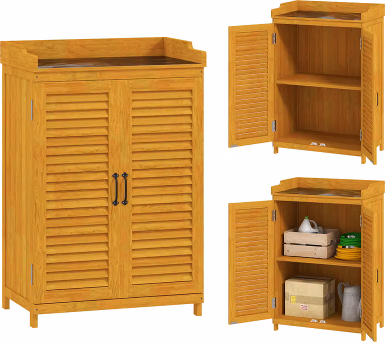 Armadietto da giardino in legno Outsunny, ripostiglio per attrezzi con piano di lavoro, resistente alle intemperie, 65,5 x 40 x 98,5 cm, ripostiglio con porta a lamelle, ripiani, armadietto per attrezzi da giardino, per giardino e terrazza, giallo