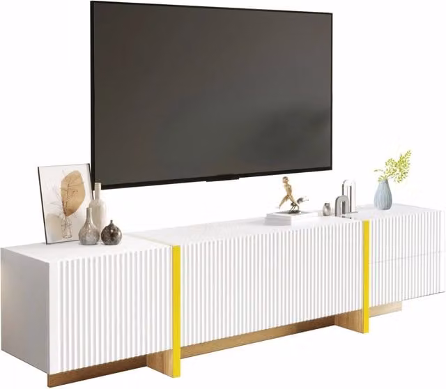 Mobile TV 190 cm, 3 ante e 2 cassetti, bianco con dettagli oro e finitura effetto legno