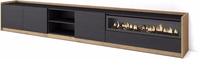 Mobile TV Soggiorno, 310x50x37 cm, Per TV fino a 80", Camino elettrico, Nero e rovere