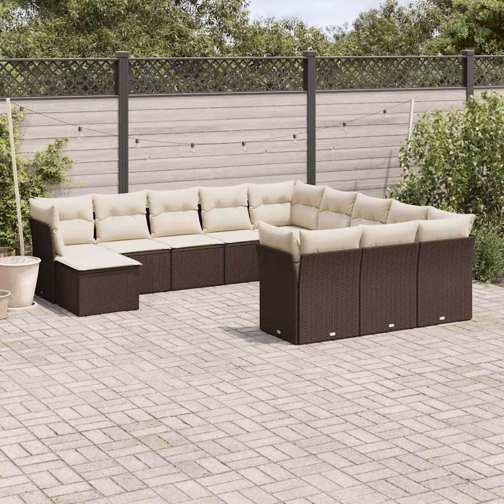 vidaXL Set di Divani da Giardino a Forma di U con Cuscini, Marrone e Bianco, 12 Pezzi in Polyrattan e Metallo con Rivestimenti Rimovibili – 1