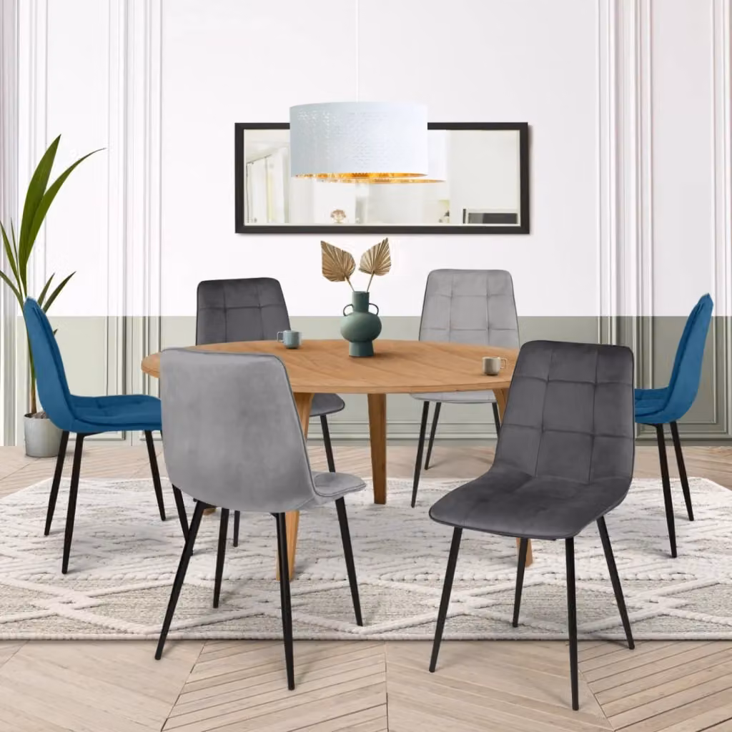 Set di 6 sedie MILA IDMarket in velluto per sala da pranzo e cucina, colori blu misto, grigio scuro e grigio chiaro – 2