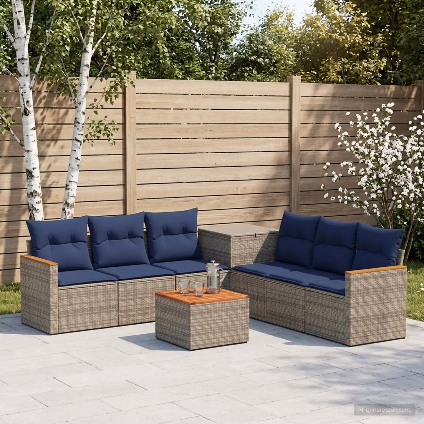 Set di divani da giardino vidaXL 8 pezzi a forma di U in rattan sintetico e acciaio con cuscini grigi e blu navy