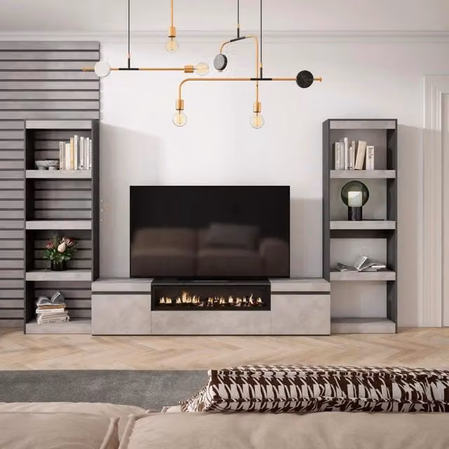 Mobile TV, Soggiorno, 320x35x186cm, Per TV fino a 80", Camino elettrico, grigio cemento RF2607