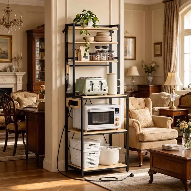 Mobile contenitore da cucina OKWISH in stile industrial con 3 prese e 6 ripiani aperti, in metallo e truciolare, colore marrone e nero, L/P/H: 60 x 40 x 167 cm