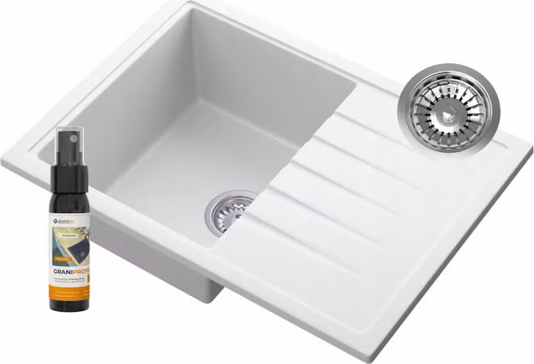 Granitan - Lavello in granito - Lavandino 68x49 cm - Lavello cucina bianco - con sifone - CALYPSO