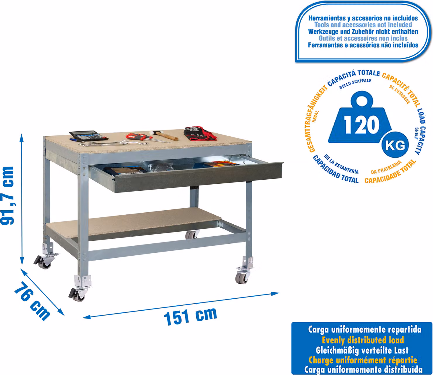 Tavolo da lavoro in metallo e montaggio senza parafusibili SIMONWORK MOBILE BT0 BOX 1500 GRIGIO/LEGNO