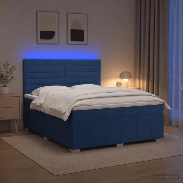 Letto Box Spring vidaXL con Materasso a Molle Insacchettate Blu e Bianco, Illuminazione LED Sotto il Letto e Porta USB, Base con Contenitore Sollevabile, 200 x 200 cm – 1