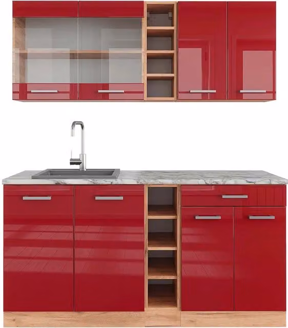 Cucina completa moderna Vicco R-Line in rosso lucido e rovere dorato, L: 160 cm, P: 60 cm, H: 81,6 cm